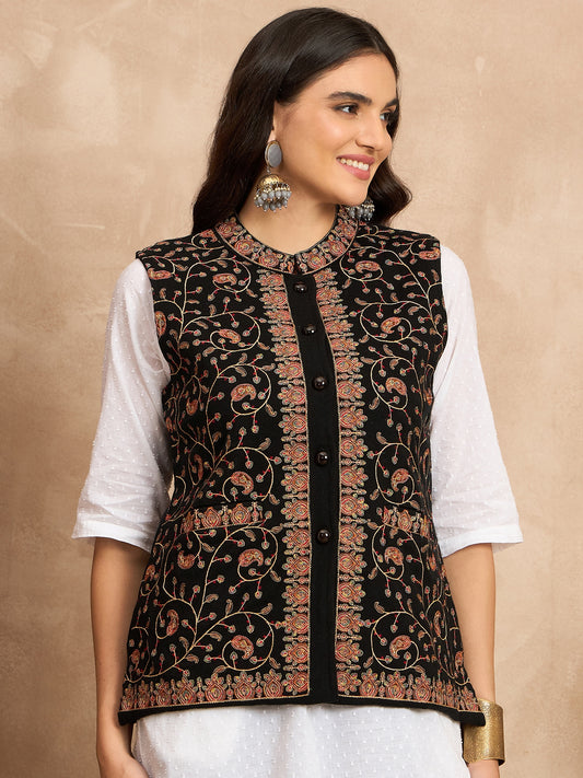 CLAPTON EMBROIDERY SLEEVELESS BLACK BLAZER FOR WOMEN