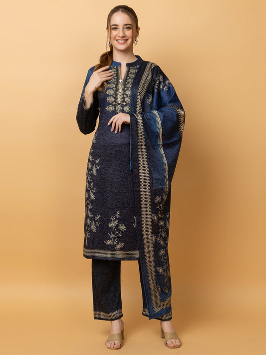 Clapton Pure Wool Winter Wear Embroidered Straight Kurta Pant With Dupatta Set Navy