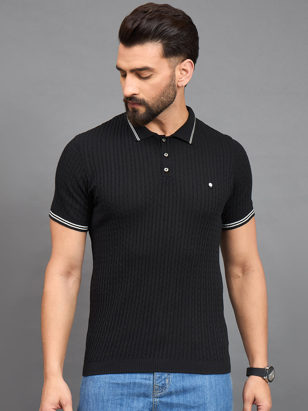 CLAPTON Men Knitted Polo Collar T-shirt  BLACK
