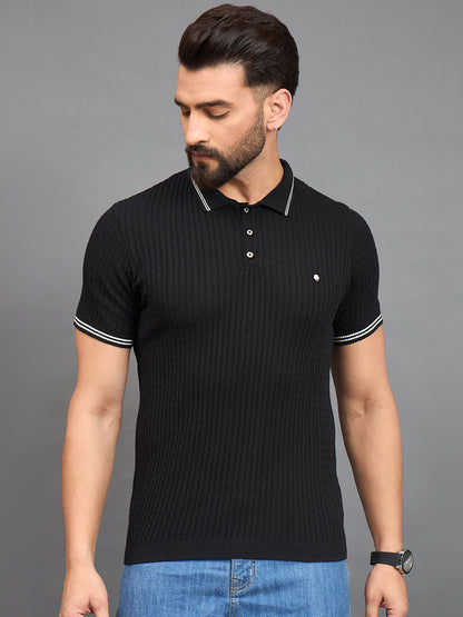 CLAPTON Men Knitted Polo Collar T-shirt  BLACK