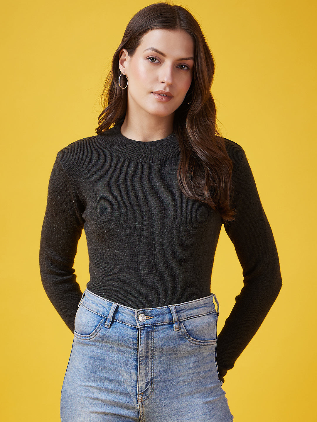 Wool Blend Crew Neck Full Sleeve Mixture Top