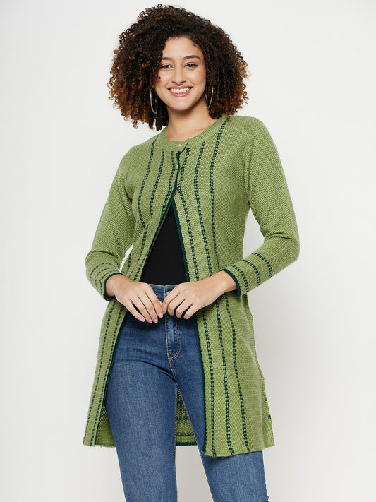 Wool Blend Round Neck Green Long Shrug