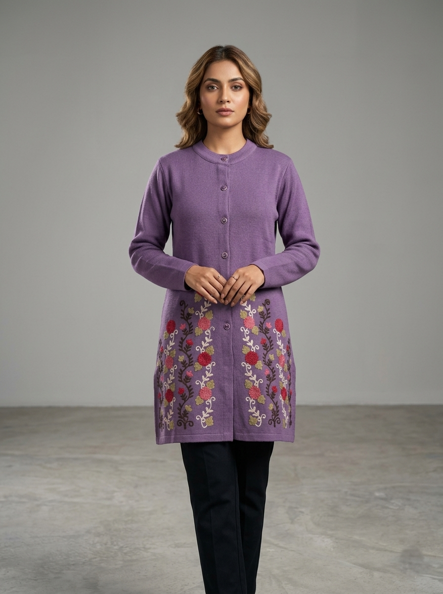 Women's Mixture Floral Embroidered Long Cardigan, Button-Front, Round Neck, Full Sleeves