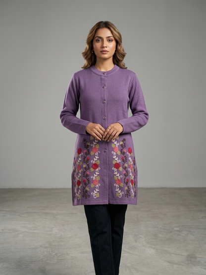 Women's Mixture Floral Embroidered Long Cardigan, Button-Front, Round Neck, Full Sleeves