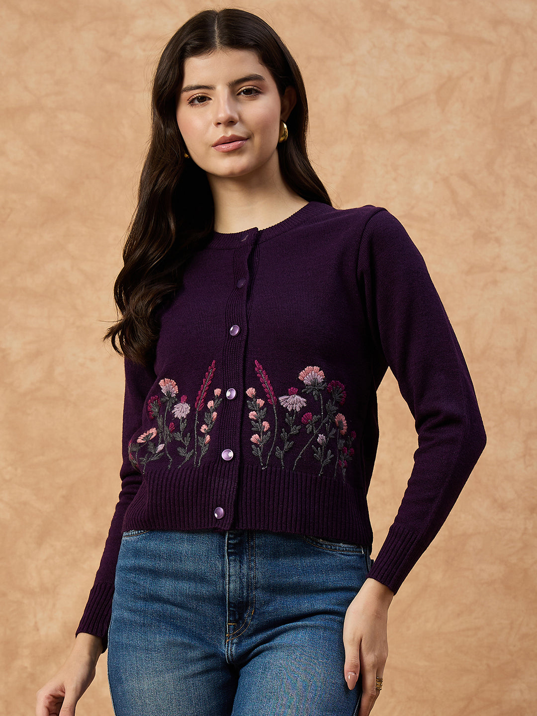 Clapton Women’s Purple Knitted Floral Embroidered Cardigan 6110