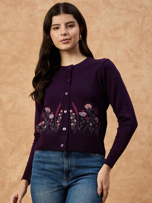 Clapton Women’s Purple Knitted Floral Embroidered Cardigan 6110