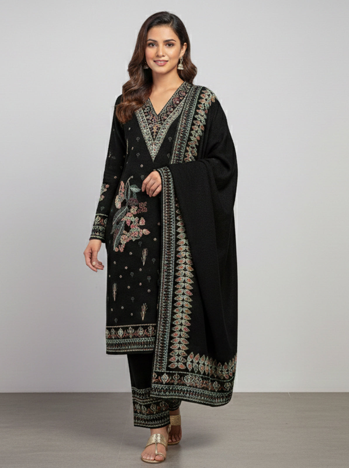 Embroidered wool blends for winter wear Straight-fit kurta with trousers and a dupatta (shawl) Black