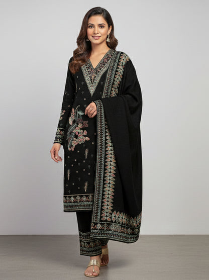 Embroidered wool blends for winter wear Straight-fit kurta with trousers and a dupatta (shawl) Black