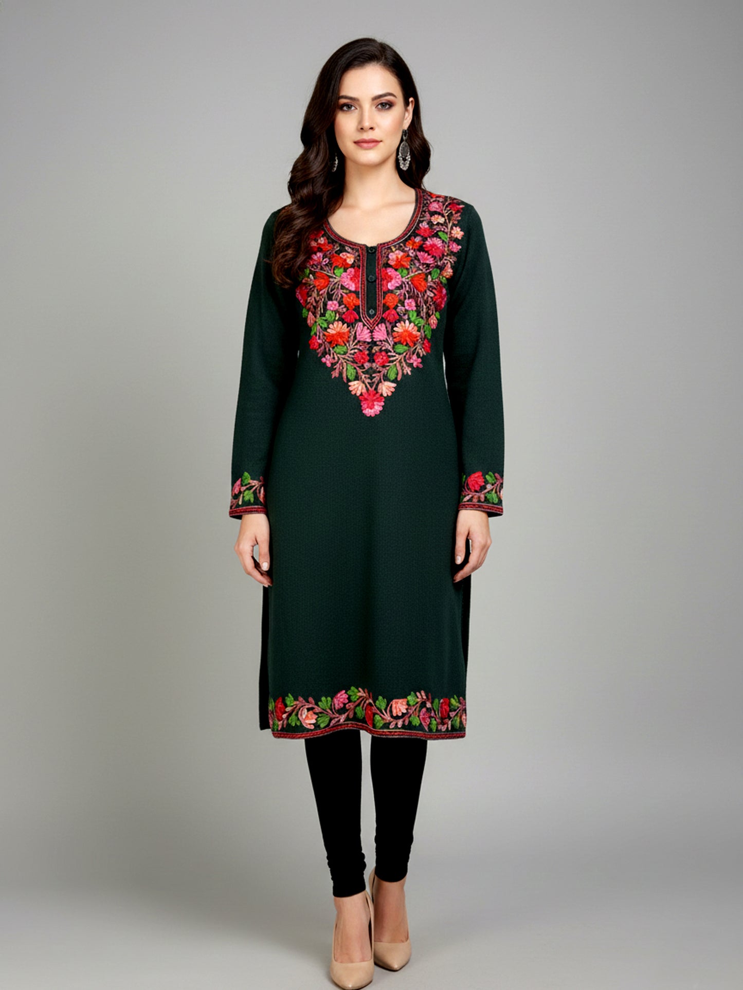 Clapton Mehndi Wolen Winter wear Embroidered Kashmiri Aari Work Kurta (PHERAN)