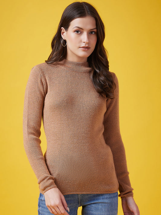 Wool Blend Crew Neck Full Sleeve Brown Top