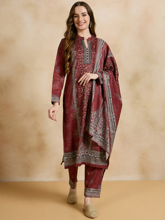 Clapton Printed Work Straight Kurta Pant With Dupatta Set Maroon