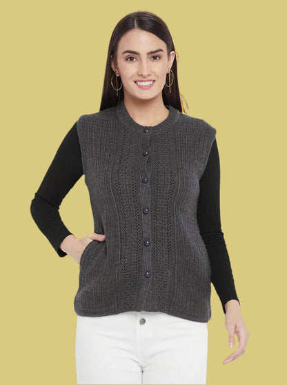 Wool Blend Round Neck Half Sleeve Grey cardigan