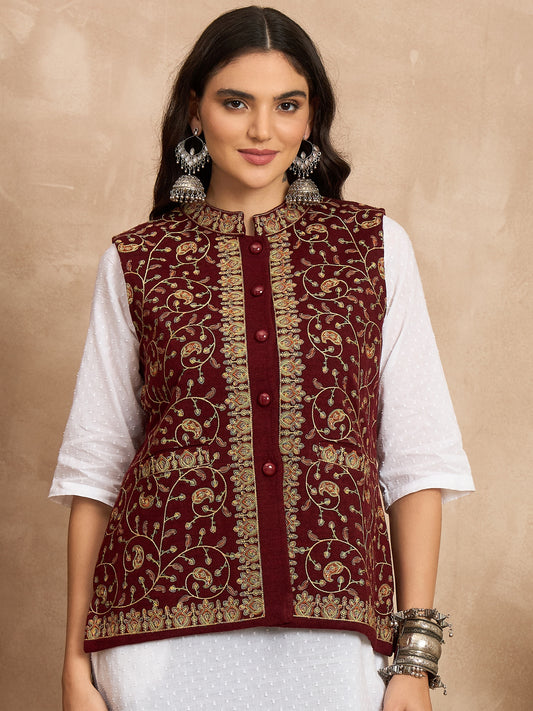 CLAPTON EMBROIDERY SLEEVELESS MEHROON BLAZER FOR WOMEN