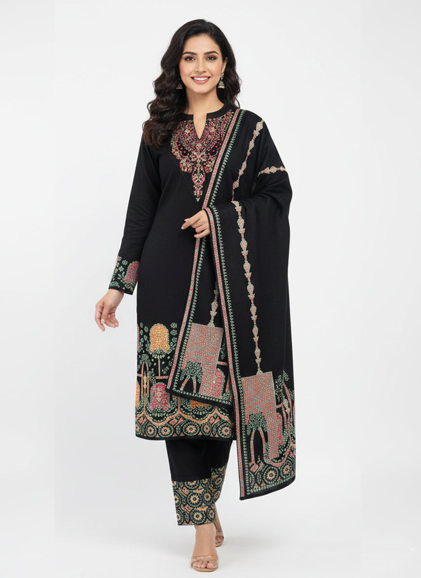 Clapton Embroidered  wool blends for winter wear Straight-fit kurta with trousers and a dupatta (shawl) BLACK