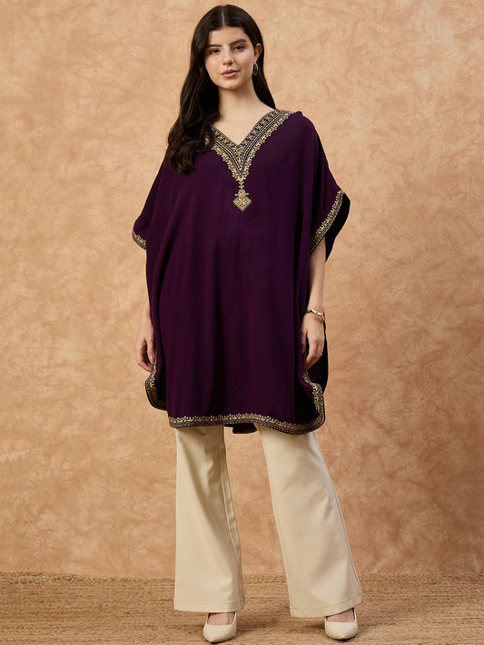 Clapton Women’s Wool Kaftan Kurti –  Purple, Golden Embroidery -6201