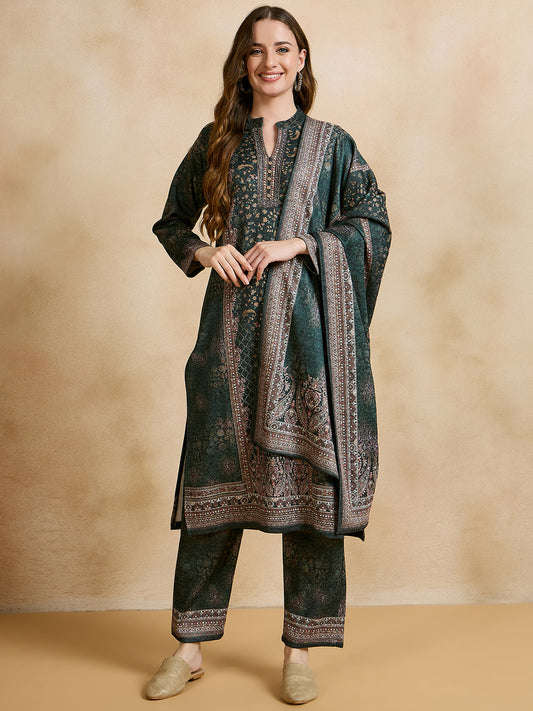 Clapton Printed Work Straight Kurta Pant With Dupatta Set Green