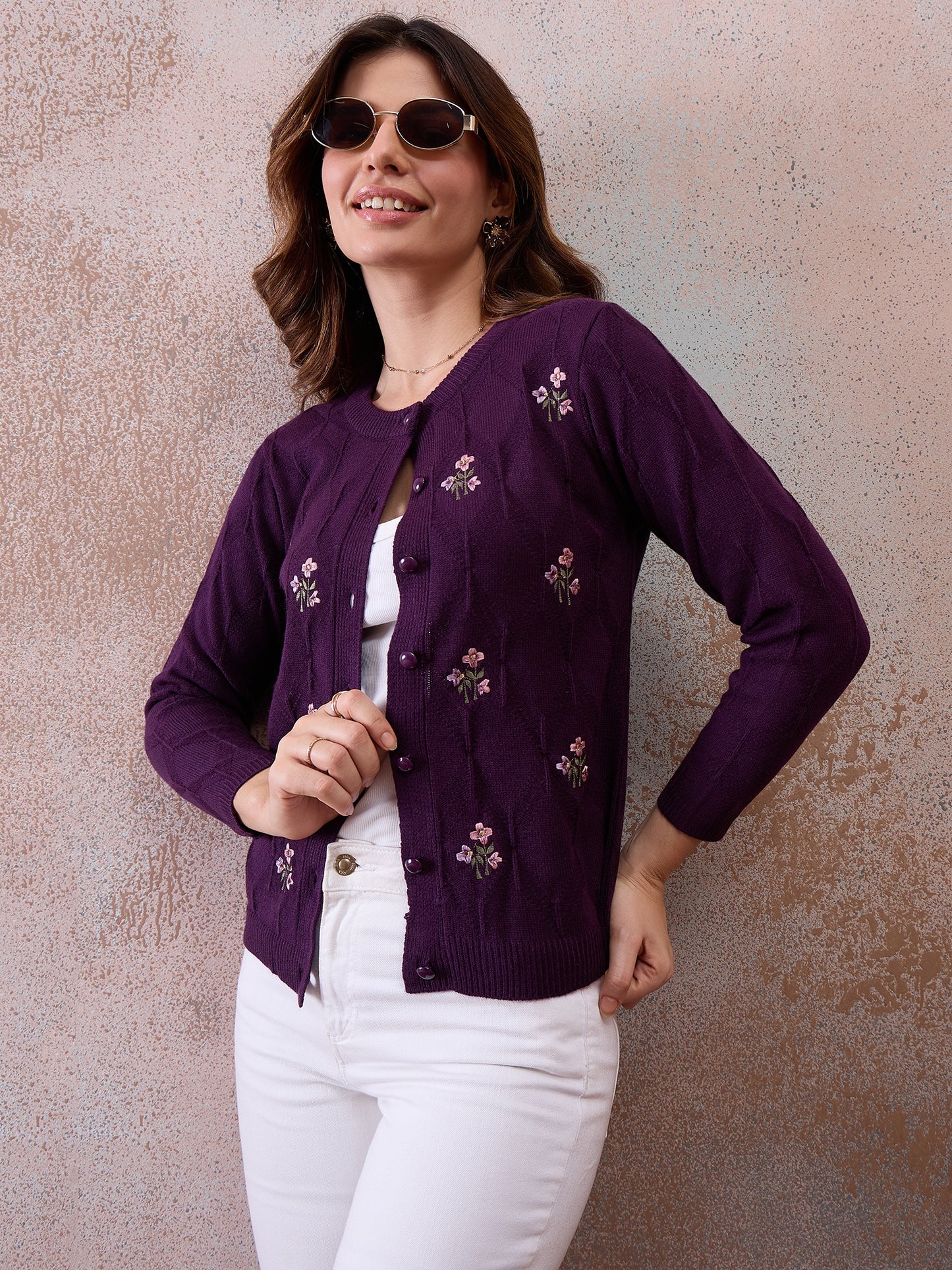 Women’s Embroidered Button-Front Knit Cardigan Purple