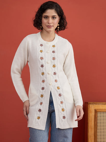 CLAPTON Women Floral Woolen Cardigan with Embroidered White