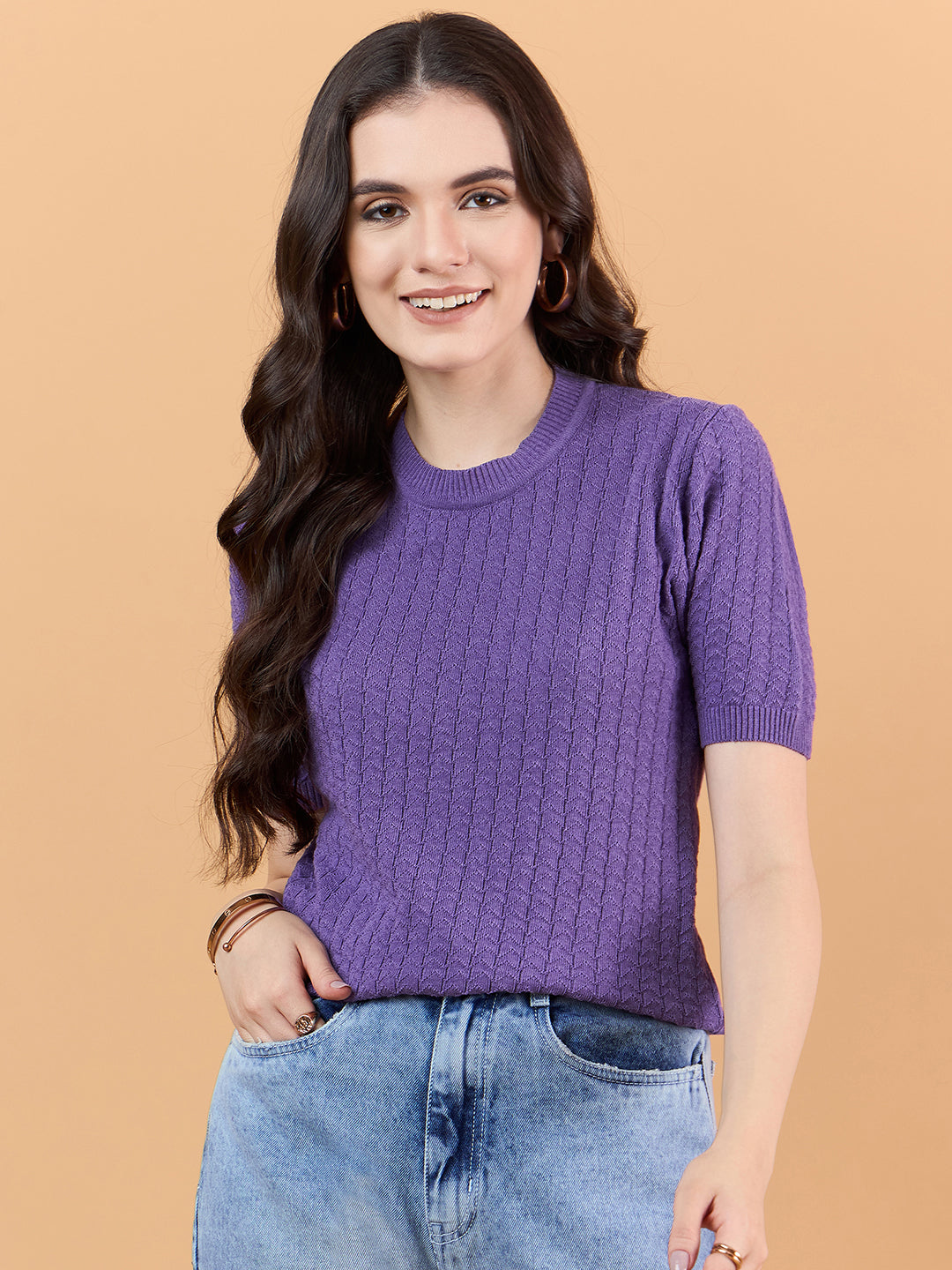 clapton Women Self knitted cotton Design T-shirt  Purple Mauve