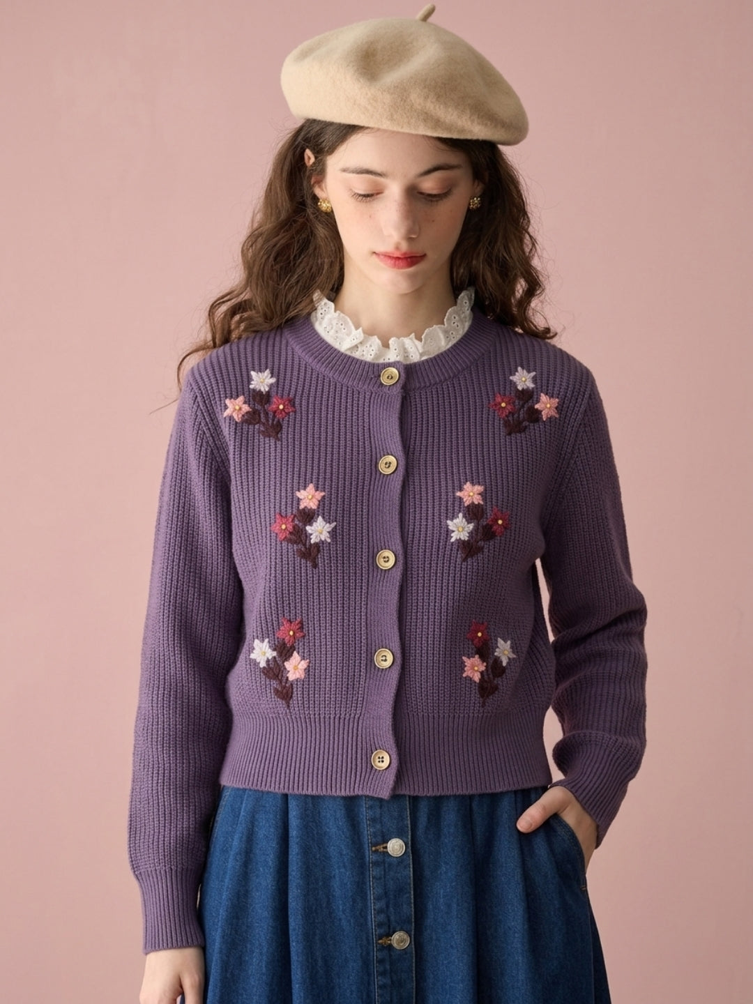 Women'S Black Knit Cardigan With Floral Embroidery, Button-Front, Round Neck, Full Sleeves Purple