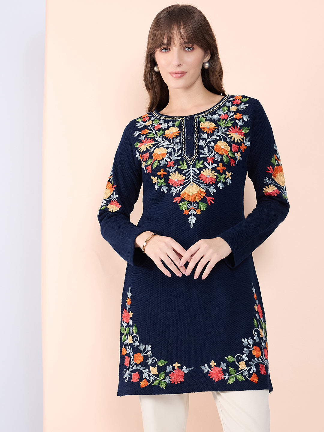 Women Multicolor Embroidered woolen Blend  Kurta Navy Blue Winter Wear