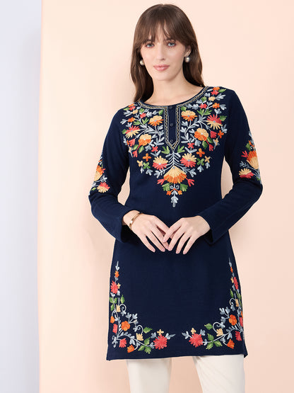 Women Multicolor Embroidered woolen Blend  Kurta Navy Blue Winter Wear