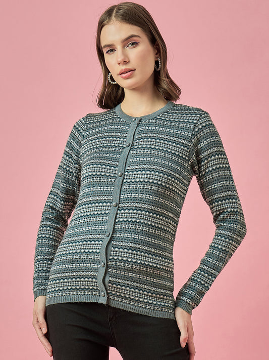 Women Steel Self Striped Round Neck Cardigan