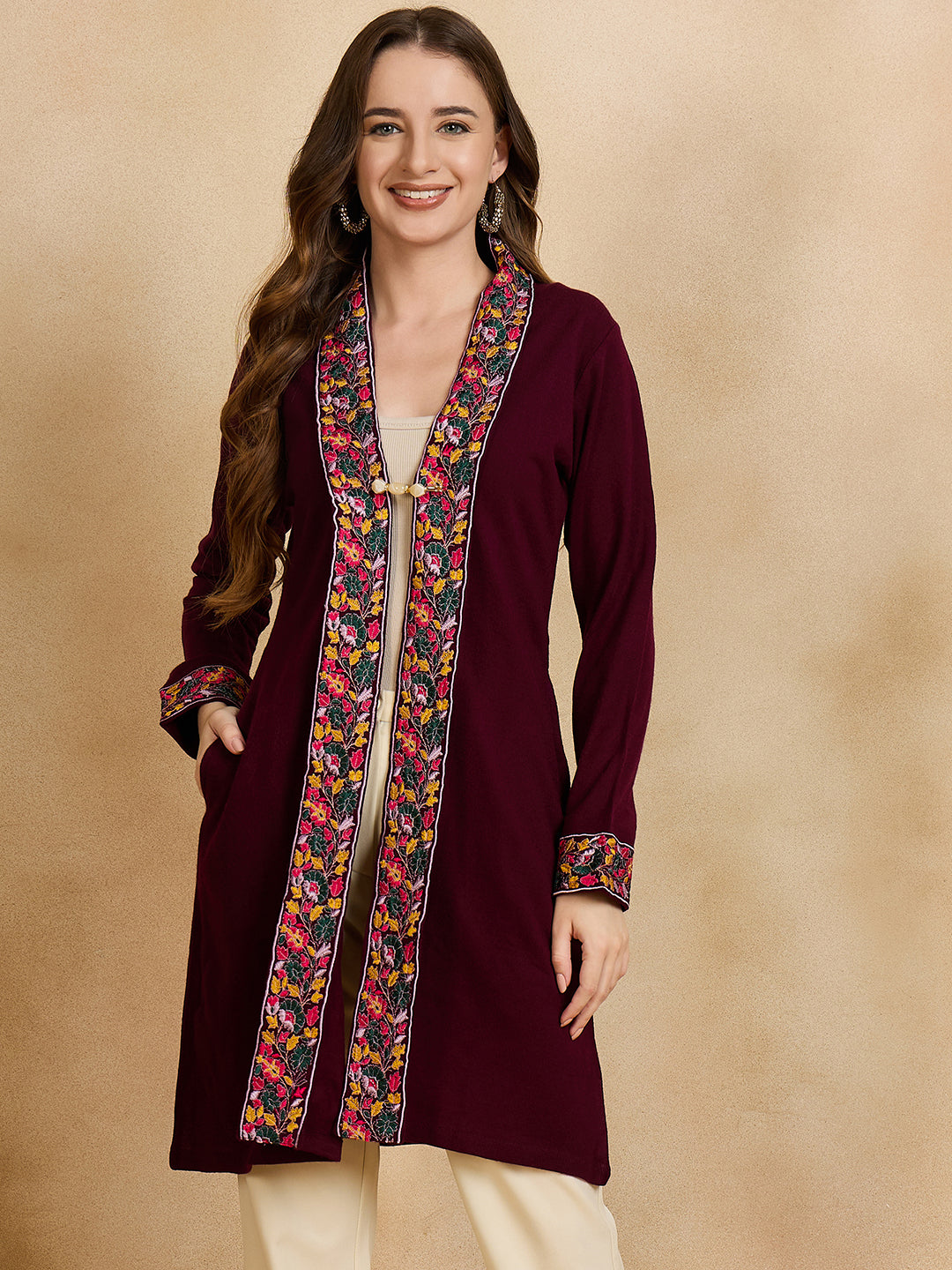 Women's Maroon Embroidered Sleeves, Floral Pattern, Winter Wear, Open Neck Shrug