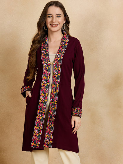 Women's Maroon Embroidered Sleeves, Floral Pattern, Winter Wear, Open Neck Shrug
