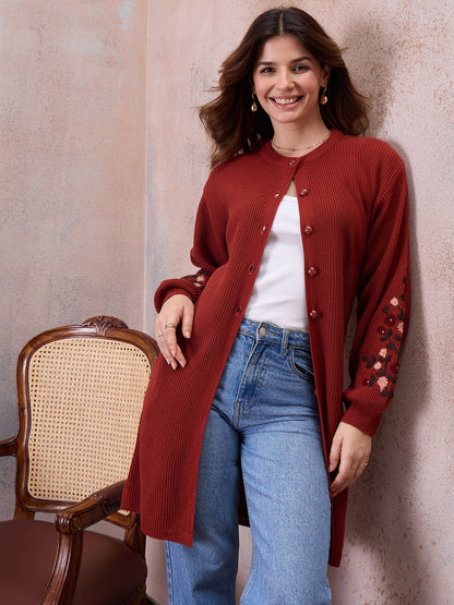 Women’s Longline Ribbed Knit Cardigan with Embroidered Sleeves – Rust Red