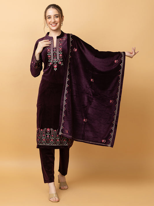 Velvet Embroidered Winter Wear Embroidered Straight Kurta Pant With Dupatta Set Move