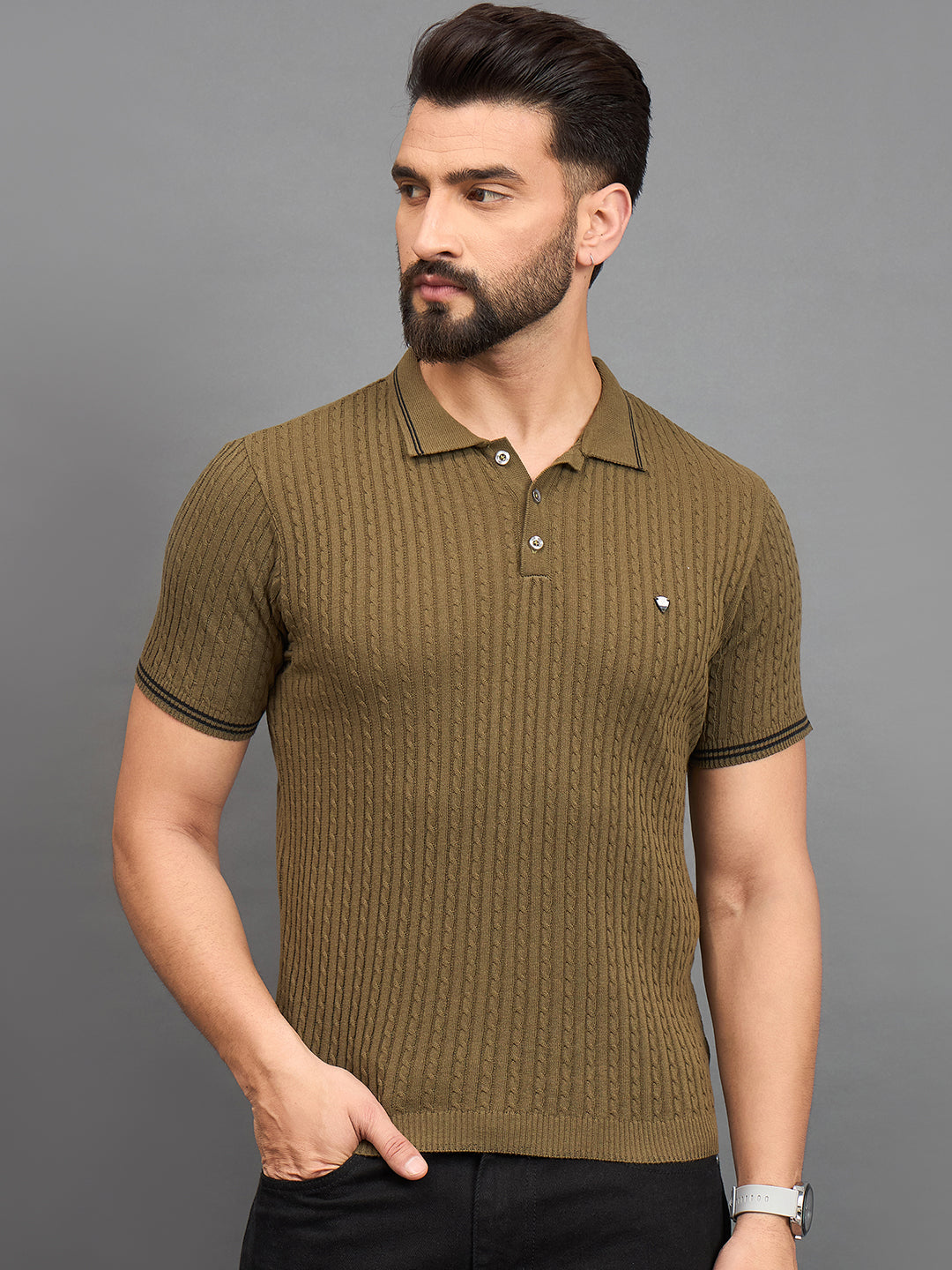 CLAPTON Men Knitted Polo Collar T-shirt  Mehndi