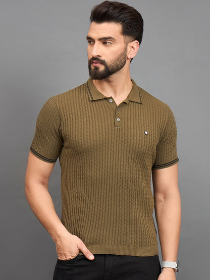 CLAPTON Men Knitted Polo Collar T-shirt  Mehndi