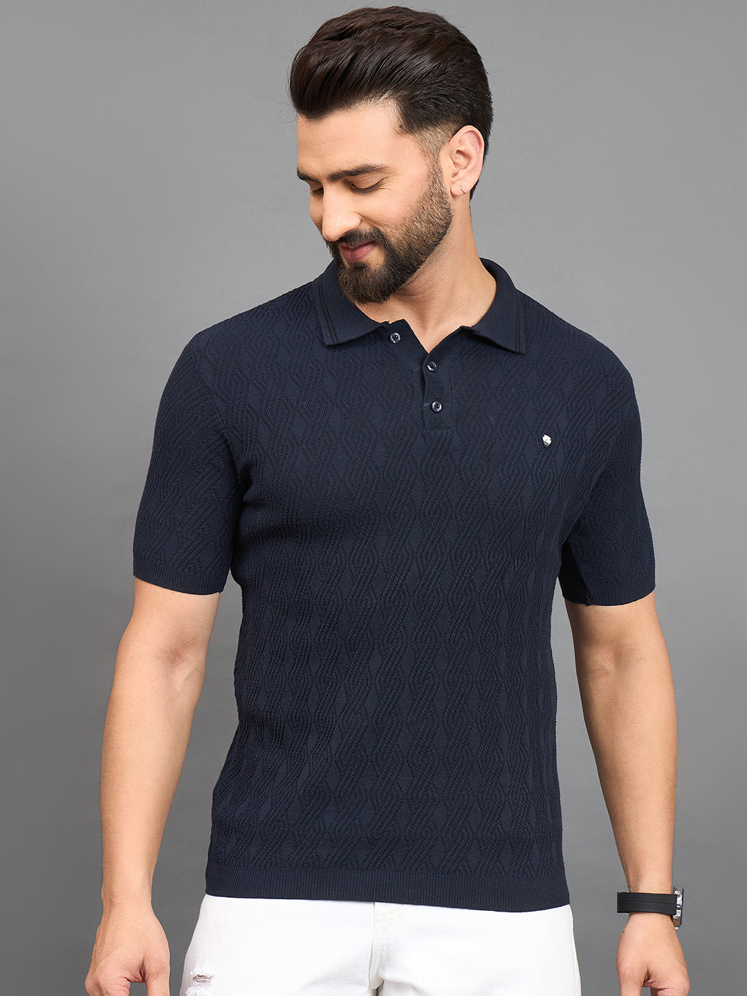 CLAPTON Men Knitted Polo Collar T-shirt  Navy