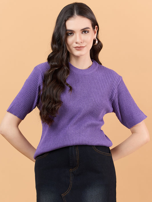 Ladies Short Sleeve Knitted cotton  T Shirt solid Color Purple Mauve