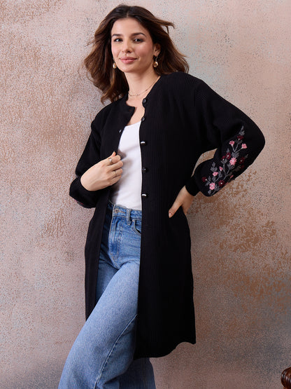 Women’s Longline Ribbed Knit Cardigan with Embroidered Sleeves – BLACK