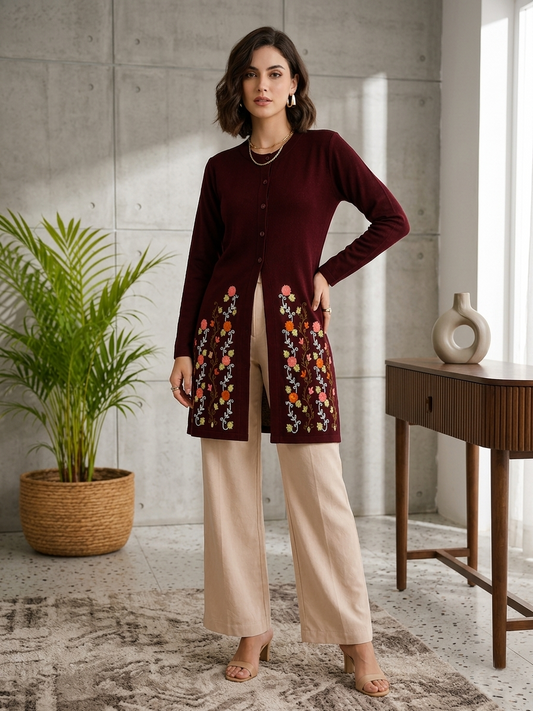 Women's Maroon Floral Embroidered Long Cardigan, Button-Front, Round Neck, Full Sleeves