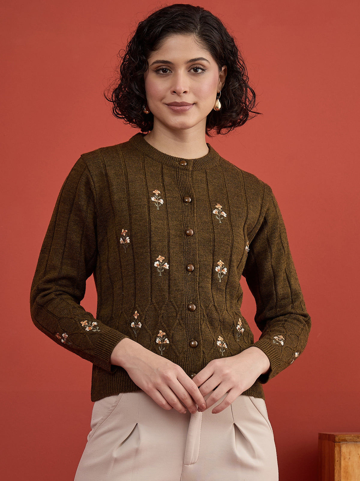 CLAPTON Women's Mehndi Floral Embroidered Cable Knit Cardigan