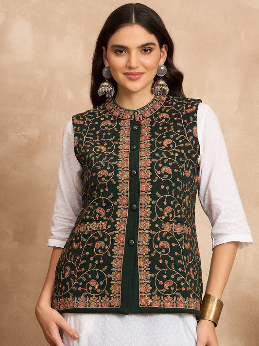 CLAPTON EMBROIDERY SLEEVELESS GREEN BLAZER FOR WOMEN