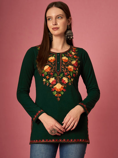 Women's  Kurti with Multicolor Floral Embroidery, Long Sleeves,winter wear Green