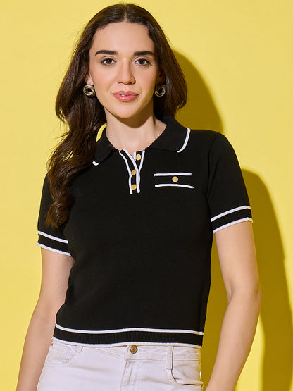 Women Striped Polo Neck With Pocket Pure Cotton T-Shirt Black
