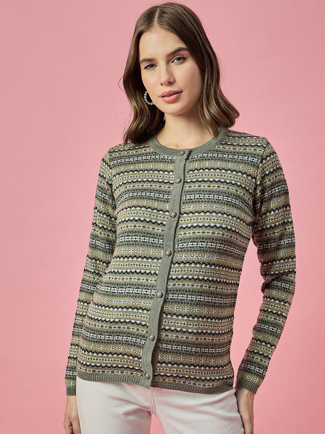 Women Grey Self Striped Round Neck Cardigan