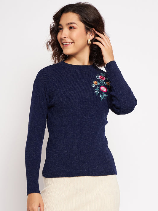 Wool Blend Round Neck Navy Top With Embroidery