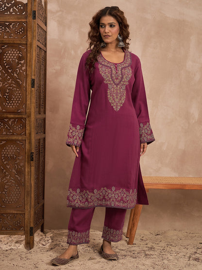 Woolen Embroidered 2-piece winter wear Kurti & Pant Set Purple)