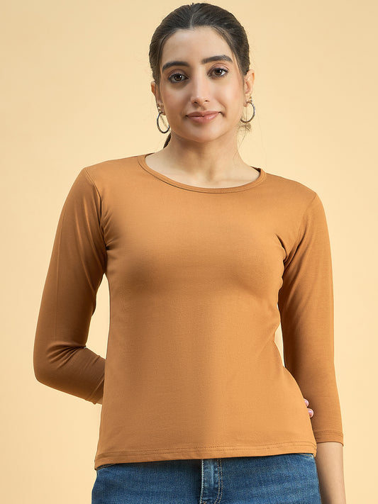 Clapton Crew Neck Tees Candy Cotton Lycra For Women Soild Tan Summer wear