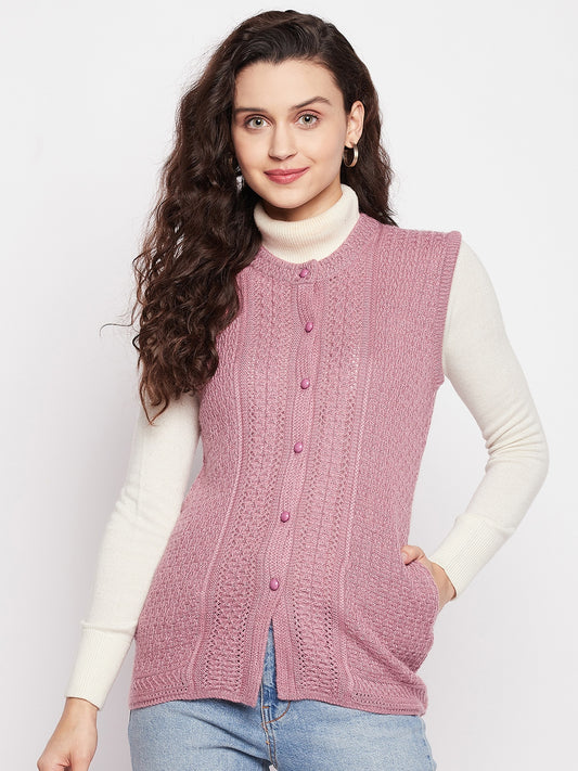 Wool Blend Round Neck Half Sleeve Peach cardigan