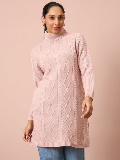 Clapton Cable Knitted  Wool Winter Wear Women’S Long Cardigan Pink