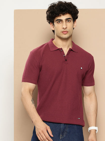 CLAPTON Men Knitted Textured Polo Collar T shirt Maroon