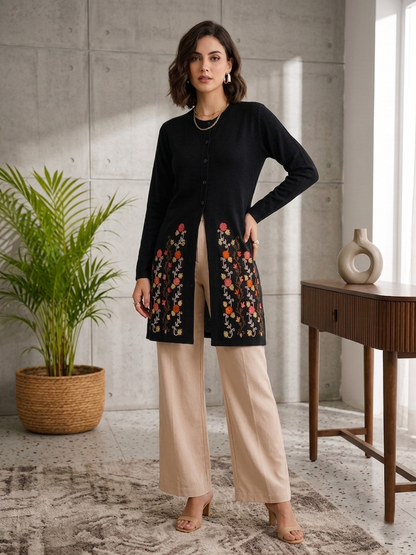 Women's Black Floral Embroidered Long Cardigan, Button-Front, Round Neck, Full Sleeves