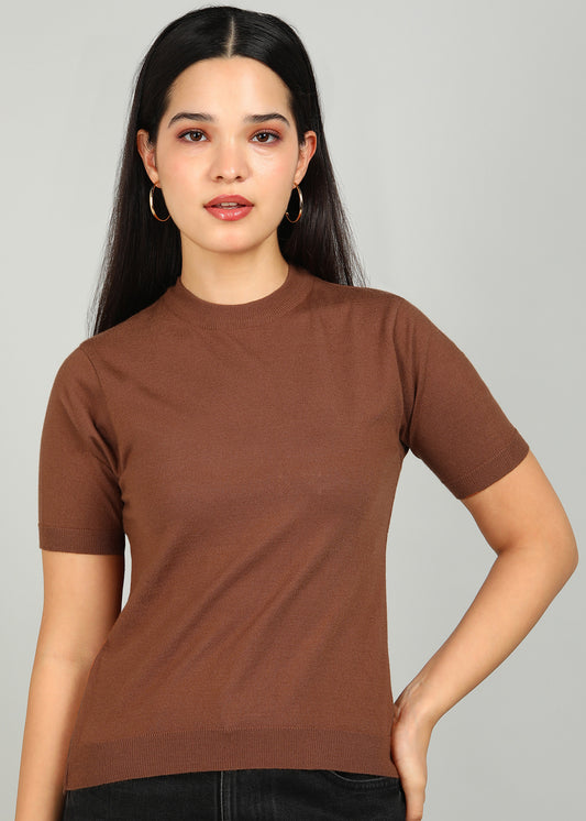 Women Solid Color Round Neck Half Sleeve Viscose T-Shirt Brown
